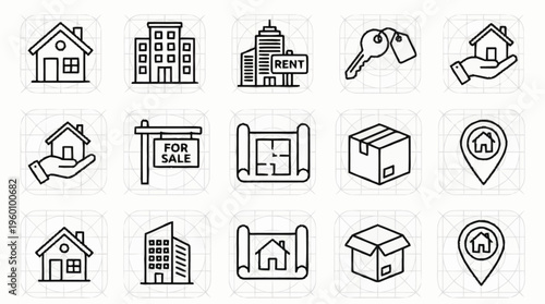 Black and white line icons of real estate and property.