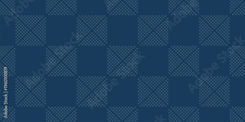 Vector minimalist seamless pattern with small squares, rhombuses, checkered grid, tiles, dots. Abstract dark blue graphic texture. Simple minimal background. Modern repeated design for wallpaper, wrap