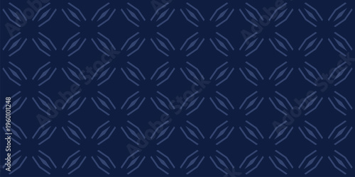 Abstract vector geometric seamless pattern. Subtle dark blue background. Simple minimal oriental ornament. Elegant texture with diamond grid, stars, rhombuses, floral shapes. Delicate repeated design