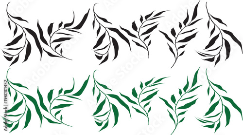 Vector art of set of black and green leaf branch illustrations