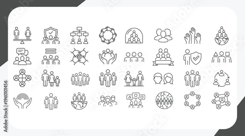 Set of line icons related to society, teamwork, cooperation. Outline icon collection. Editable stroke. Vector illustration