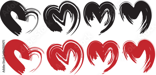 Vector art of collection of black and red brush stroke heart shapes