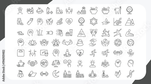 Set of line icons related to wellness, wellbeing, mental health, healthcare, cosmetics, spa, medical. Outline icon collection. Editable stroke. Vector illustration