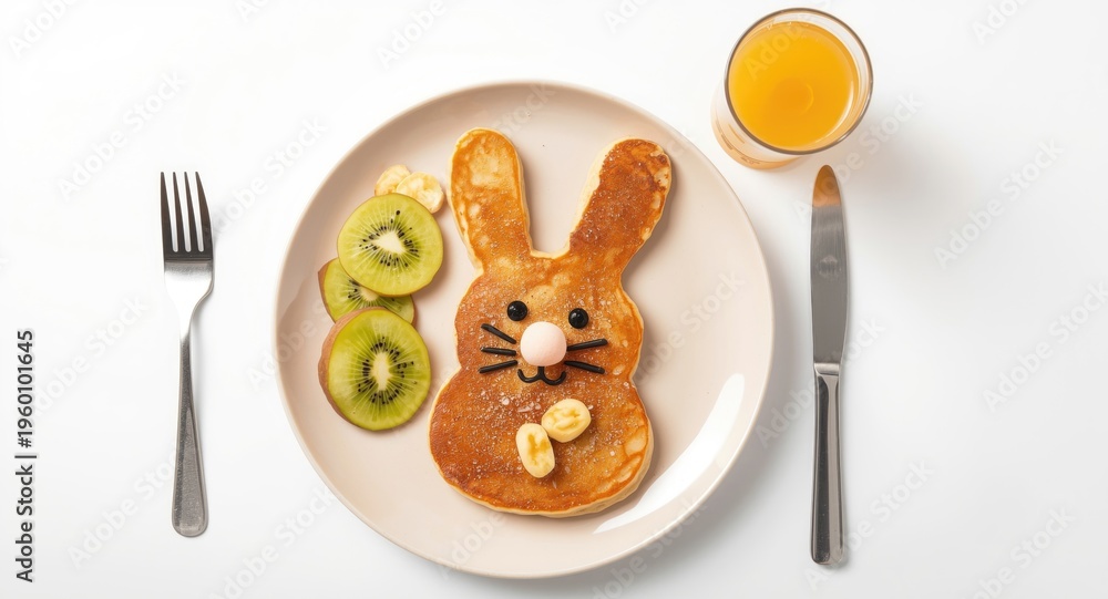 Naklejka premium Kids Easter breakfast of joyful bunny pancakes paired with kiwi banana apple and refreshing juice viewed from top on white background