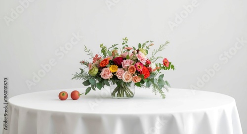 Basic white table highlighted by a colorful and fresh floral centerpiece