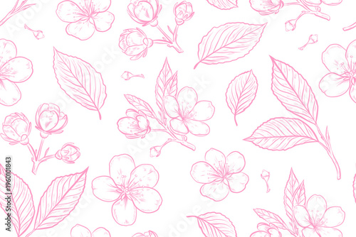 Seamless Pink Cherry Blossom Floral Pattern, Hand Drawn Botanical Line Art Background, Elegant Spring Flowers Repeat Design for Fabric, Wallpaper, Wrapping Paper, Wedding Invitations and Branding