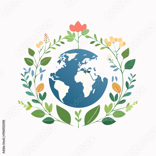 A globe encircled by lush greenery and delicate flowers, symbolizing environmental protection and the beauty of nature's bounty
