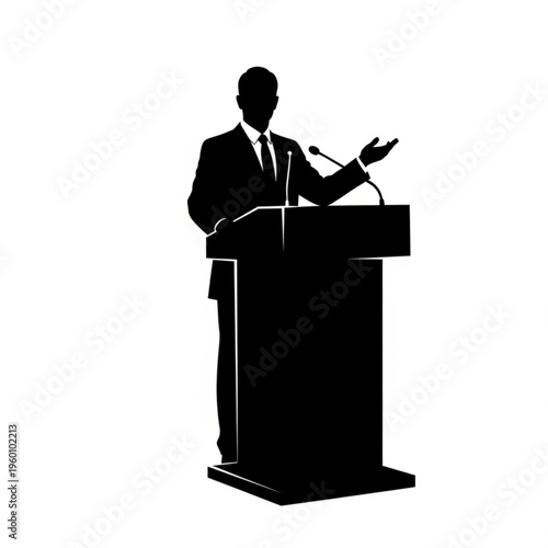 A black silhouette illustration of a man in a suit speaking at a podium with a microphone