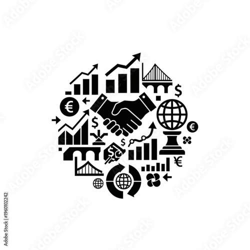 Black silhouette illustration of business and finance icons in a circular handshake design