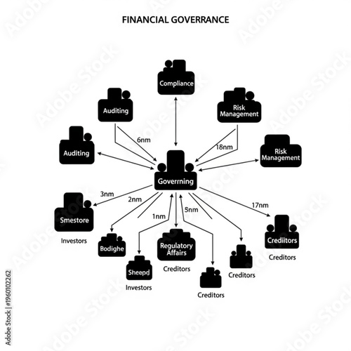 Financial governance concept with risk management, compliance, auditing and regulation affairs illustrated in a black silhouette