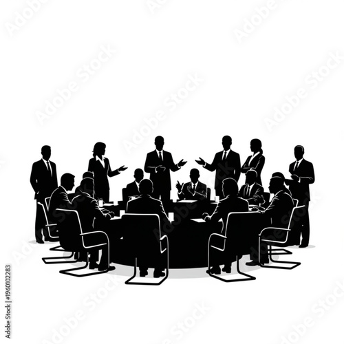 Black silhouette illustration of businesspeople in a meeting around a table, discussing and presenting ideas.