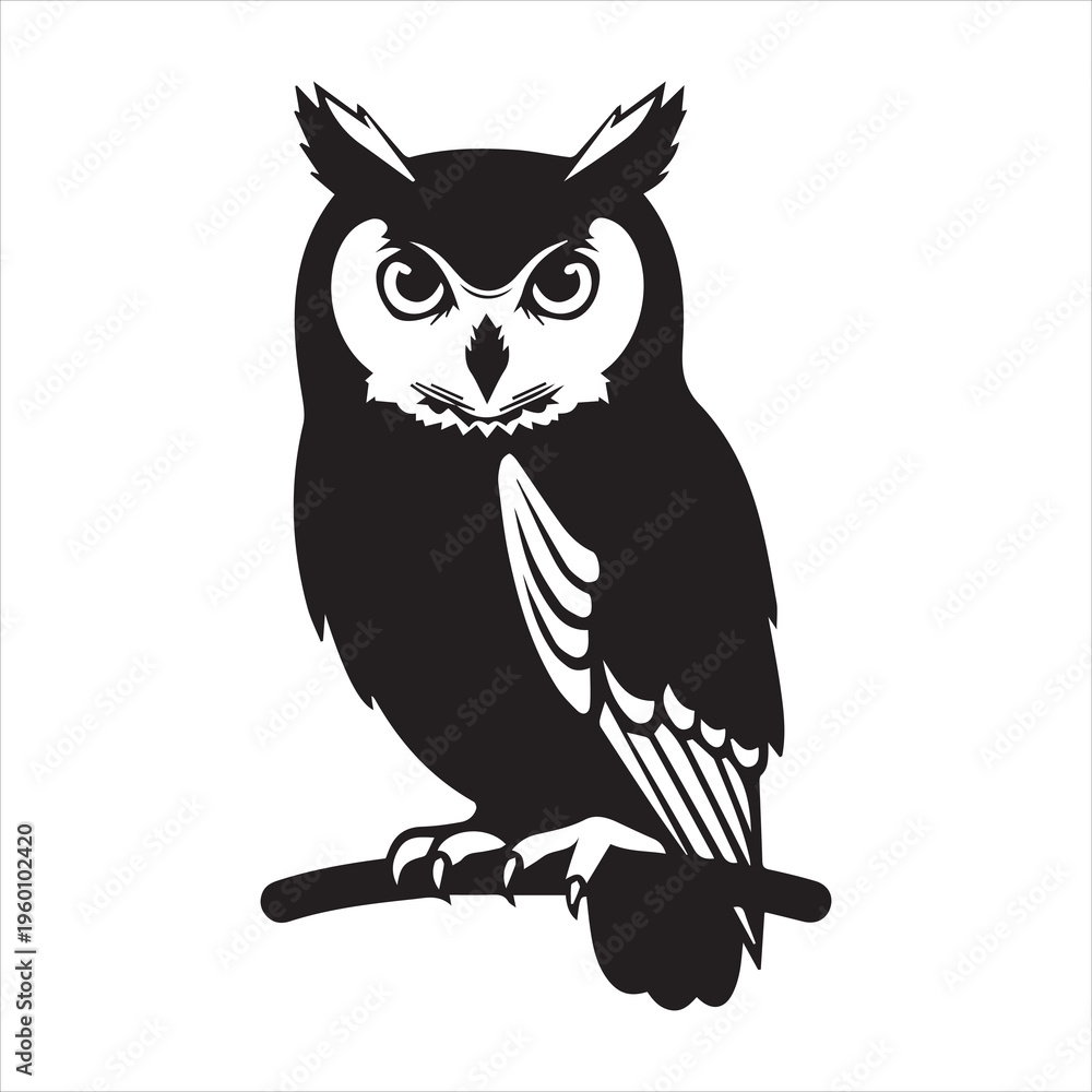 Obraz premium Elegant black and white silhouette of an owl perched on a branch