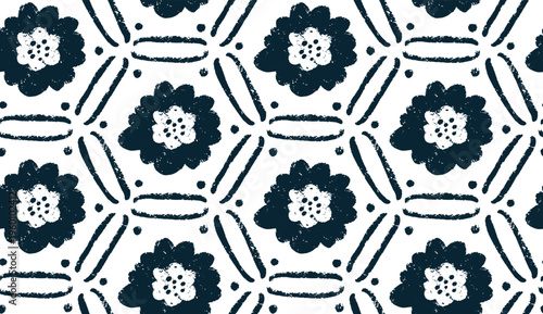 Black and white seamless pattern with hand drawn abstract flowers inside geometric hexagons. Modern botanical monochrome design with artistic brush strokes