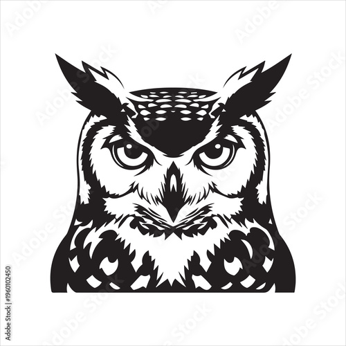 Striking black and white illustration of an owl with piercing eyes and feathered details