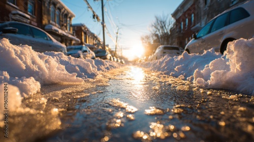 Wallpaper Mural Spring snow ice thaw, end of Winter Season, hope, fresh start. A snowy street with cars parked on the side of it, illuminated by the setting sun. Snow covers the road, with buildings. Torontodigital.ca