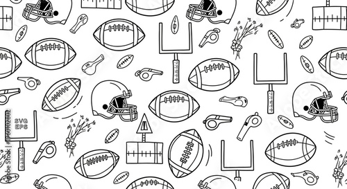 Seamless outline pattern of American football equipment. Hand-drawn doodle background featuring helmets, footballs, goalposts, and whistles for sports design.