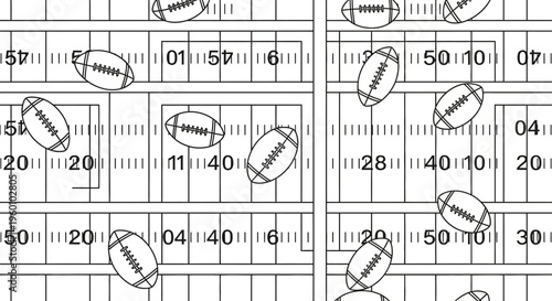 Seamless pattern of American football fields with scattered footballs, a dynamic graphic background for sports themes, game day events, or athletic designs and promotions.