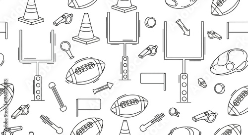 Seamless pattern with American football equipment in outline style. Sports background featuring footballs, goalposts, cones, and whistles.