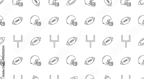 Seamless pattern of American football elements: helmets, balls, and goalposts in a simple line art style on a white background.
