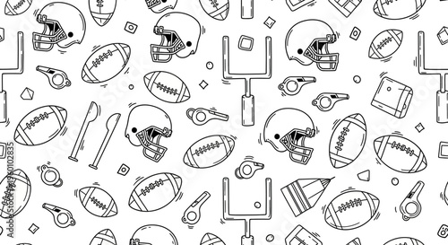 Seamless pattern of American football elements including helmets, balls, goal posts, and whistles in a black and white outline style, perfect for sports backgrounds.