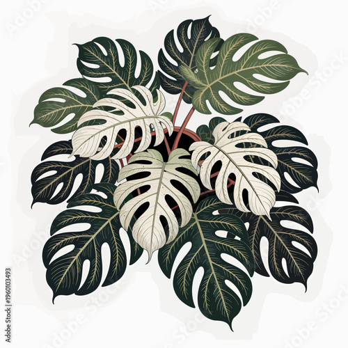 Variegated monstera deliciosa plant with striking white and dark green split leaf foliage isolated on a clean white background perfect for botanical interior design art