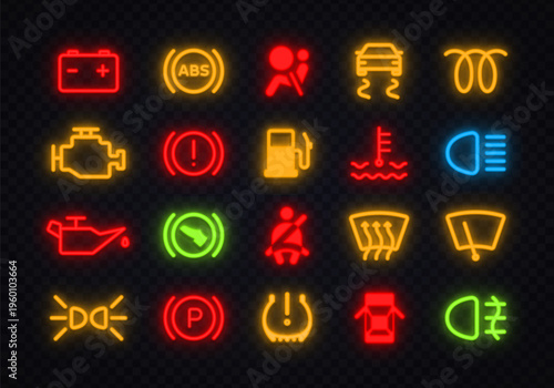 Neon car dashboard icon set with colorful warning symbols and glowing indicators. Bright automotive elements for battery, engine, lights and safety systems. Perfect for vehicle interface