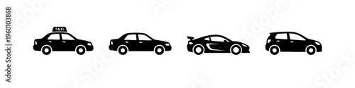 A set of four black silhouette car icons, featuring a taxi, a sedan, a sports car with a spoiler, and a compact hatchback.