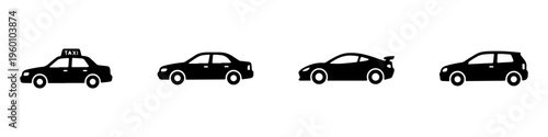 A set of four black silhouette car icons, featuring a taxi, a sedan, a sports car with a spoiler, and a compact hatchback.