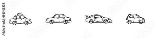 A set of four hand-drawn doodle icons featuring a taxi, a classic sedan, a sleek sports car, and a small compact city car in a sketchy style.
