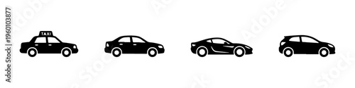 A set of four black silhouette car icons, featuring a taxi, a sedan, a sports car with a spoiler, and a compact hatchback.