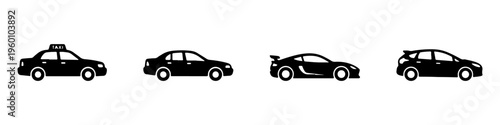 A set of four black silhouette car icons, featuring a taxi, a sedan, a sports car with a spoiler, and a compact hatchback.
