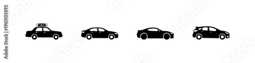 A set of four black silhouette car icons, featuring a taxi, a sedan, a sports car with a spoiler, and a compact hatchback.