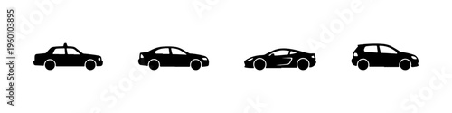 A set of four black silhouette car icons, featuring a taxi, a sedan, a sports car with a spoiler, and a compact hatchback.