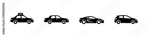 A set of four black silhouette car icons, featuring a taxi, a sedan, a sports car with a spoiler, and a compact hatchback.