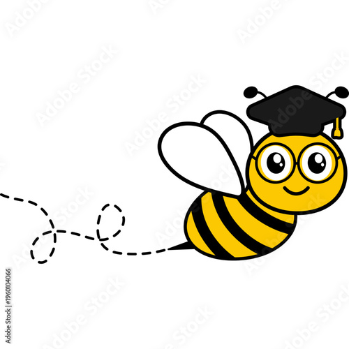 Bee in graduate hat and glasses. Flying scholar bee with dotted line path. Vector isolated illustration.
