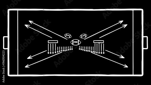 American Football Play Diagram: Offensive and Defensive Formations with Strategic Arrows on Black Background