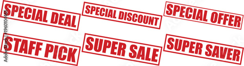 Collection of red sale stamps on for special offers and discounts