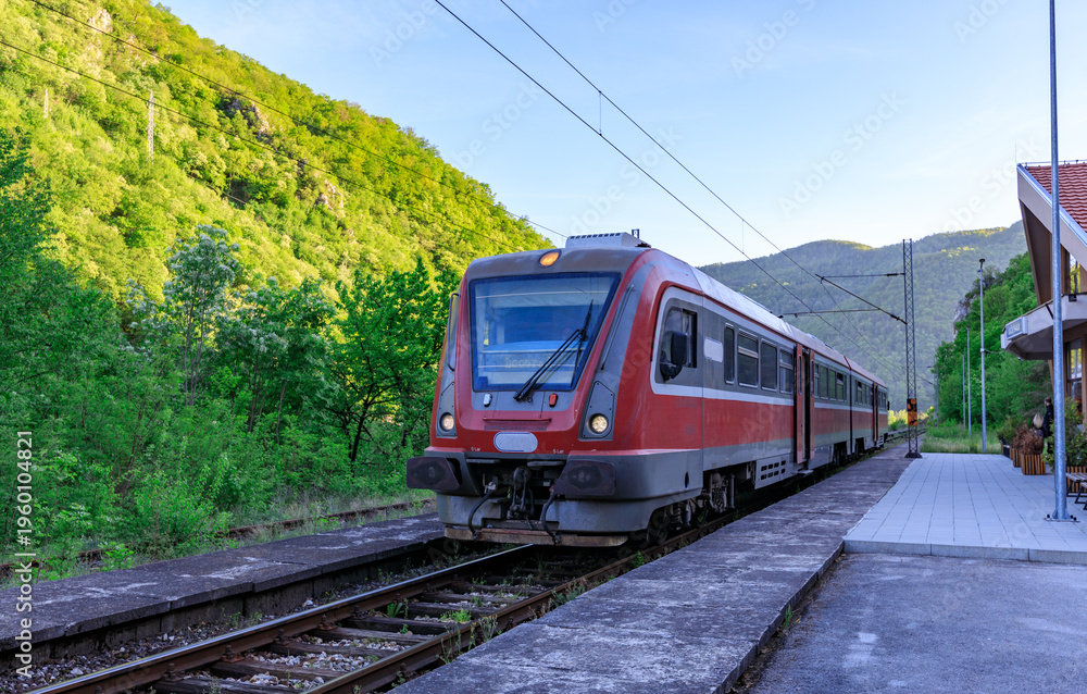 Fototapeta premium Red train is traveling down the tracks next to a green forest