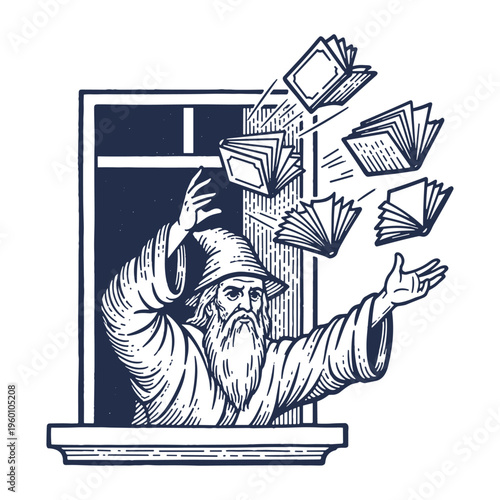 Wizard Throwing Magic Books Out of the Window Sketch