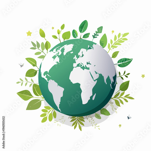 Green Planet Earth surrounded by lush leaves and subtle starry accents, symbolizing environmental conservation and ecological balance