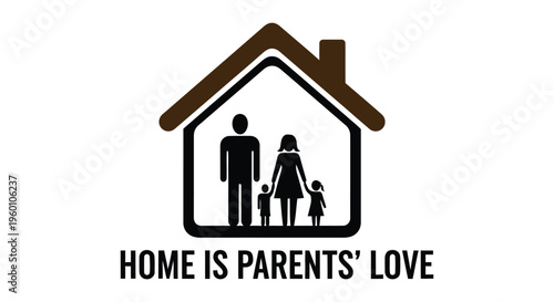 Family Silhouette Inside House Icon, Symbolizing Home and Parental Love, White Background
