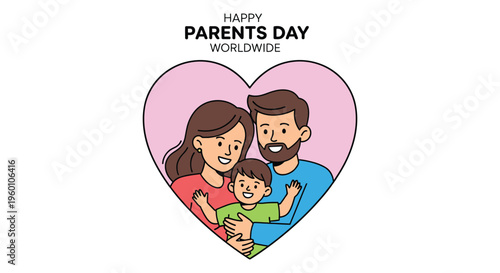 Happy Parents Day Worldwide, Cartoon Family of Three Embracing Inside Heart Outline