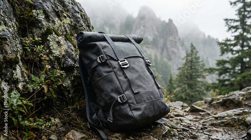 Waterproof black roll-top backpack on wet rocks in misty mountain landscape during rainy weather