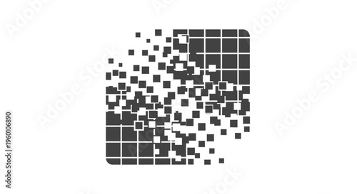 Pixelated Square Dissolving into Particles, Digital Data Breakdown Effect, isolated white background.