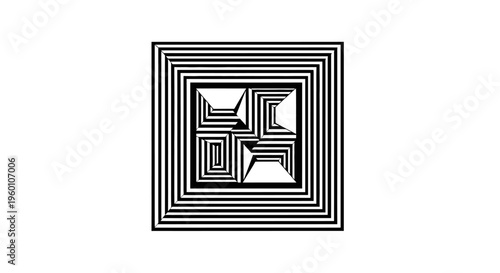 Abstract Black and White Concentric Squares Optical Illusion Tunnel Effect, isolated white background.