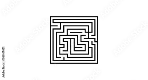 Abstract Black Labyrinth Maze Geometric Pattern in a Square Shape, isolated white background.