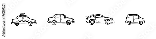 A set of four hand-drawn doodle icons featuring a taxi, a classic sedan, a sleek sports car, and a small compact city car in a sketchy style.