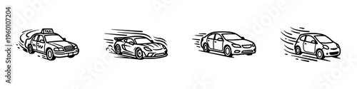 A set of four dynamic car icons showing speed motion: a sedan, a taxi, a sports car, and a hatchback with stylized fast driving lines.