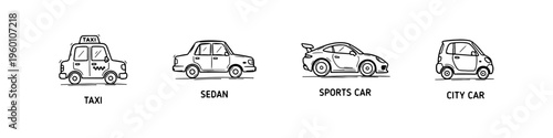 A set of four hand-drawn doodle icons featuring a taxi, a classic sedan, a sleek sports car, and a small compact city car in a sketchy style.