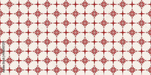 Simple ethnic folk seamless pattern. Elegant vector texture with red floral ornaments, stars, geometric shapes. Minimalist background. Repeated design for decor, print, textile, wallpaper, fabric